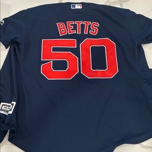 Majestic Navy Kids Baseball Jersey with Red Boston Script #50 Mookie Betts